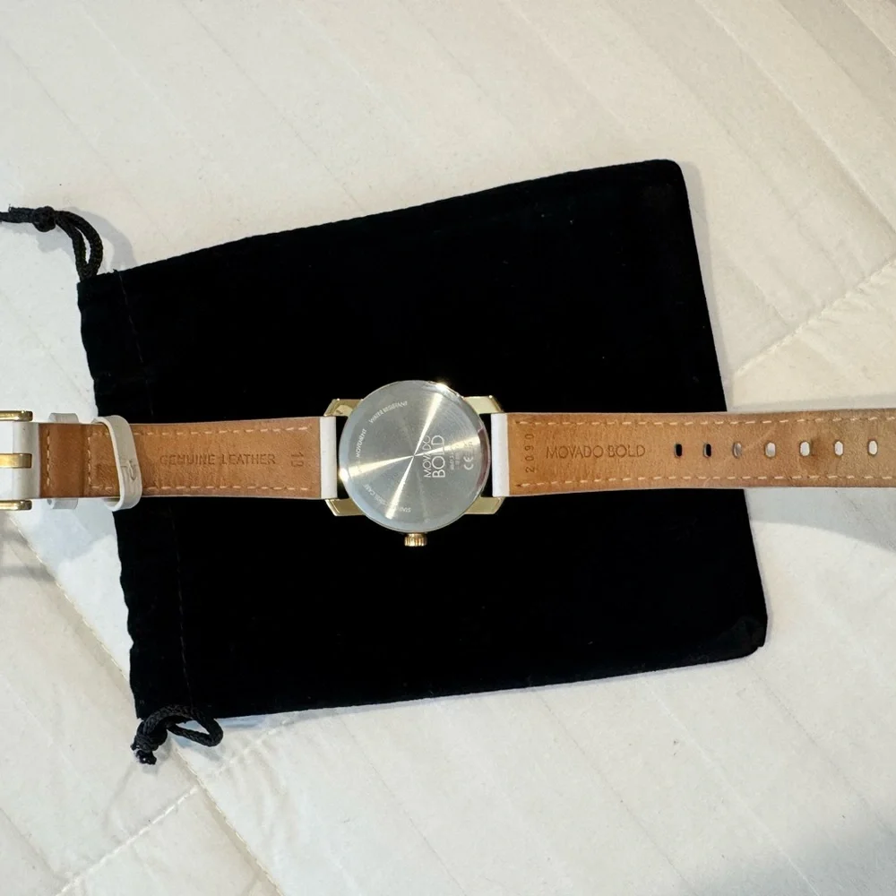 Movado Bold Gold and White leather Strap Womens Watch
